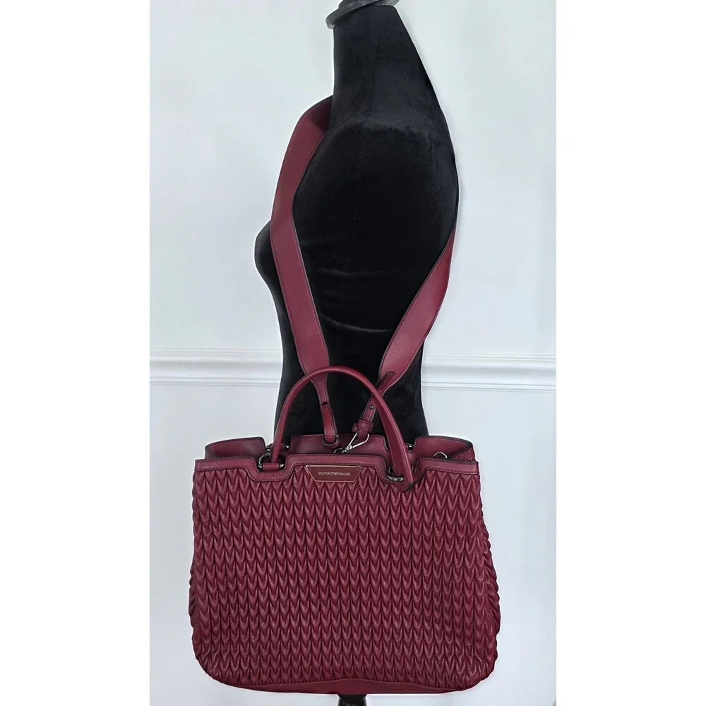 Emporio Armani Y3D021 Bordeaux Woven Shopping Tote Bag Shoulder Strap Dust Bag